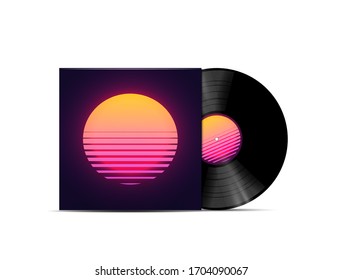 Synthwave, Vaporwave, Retrowave Music Lp Vinyl Disc Record Mockup Isolated On White Background. Template For Music Playlist Or Album Cover. Vector Illustration