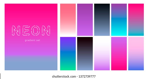 Synthwave/ vaporwave/ retrowave neon palette, gradient swatches for desing. Colorful backgrounds in trendy neon colors: UFO Green, Plastic Pink, and Proton Purple, Electric Blue. 