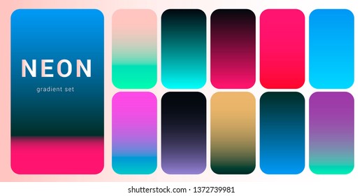 Synthwave/ vaporwave/ retrowave neon palette, gradient swatches for desing. Colorful backgrounds in trendy neon colors: UFO Green, Plastic Pink, and Proton Purple, Electric Blue. 