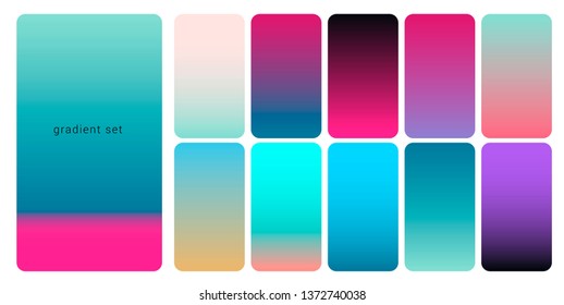 Synthwave/ vaporwave/ retrowave neon palette, gradient swatches for desing. Colorful backgrounds in trendy neon colors: UFO Green, Plastic Pink, and Proton Purple, Electric Blue. 