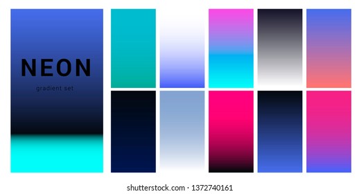 Synthwave/ vaporwave/ retrowave neon palette, gradient swatches for desing. Colorful backgrounds in trendy neon colors: UFO Green, Plastic Pink, and Proton Purple, Electric Blue. 