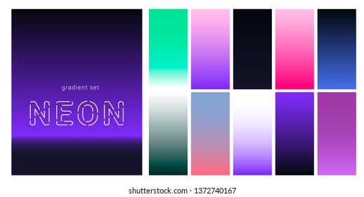 Synthwave/ vaporwave/ retrowave neon palette, gradient swatches for desing. Colorful backgrounds in trendy neon colors: UFO Green, Plastic Pink, and Proton Purple, Electric Blue. 