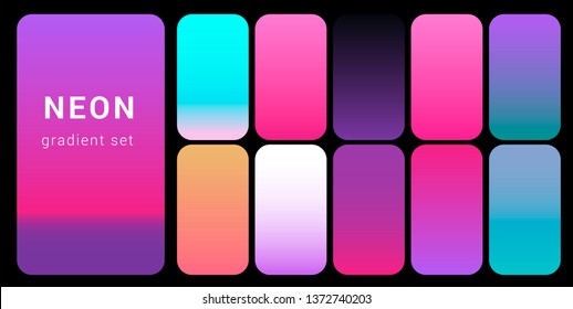 Synthwave/ vaporwave/ retrowave neon palette, gradient swatches for desing. Colorful backgrounds in trendy neon colors: UFO Green, Plastic Pink, and Proton Purple, Electric Blue. 