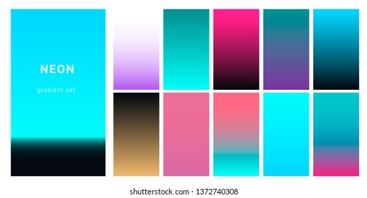 Synthwave/ vaporwave/ retrowave neon palette, gradient swatches for desing. Colorful backgrounds in trendy neon colors: UFO Green, Plastic Pink, and Proton Purple, Electric Blue. 