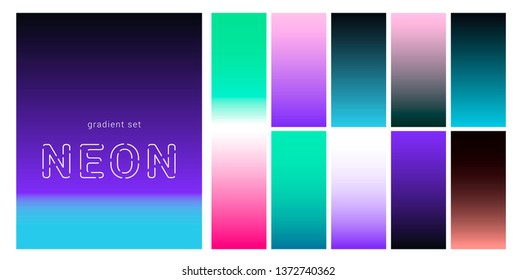 Synthwave/ vaporwave/ retrowave neon palette, gradient swatches for desing. Colorful backgrounds in trendy neon colors: UFO Green, Plastic Pink, and Proton Purple, Electric Blue. 