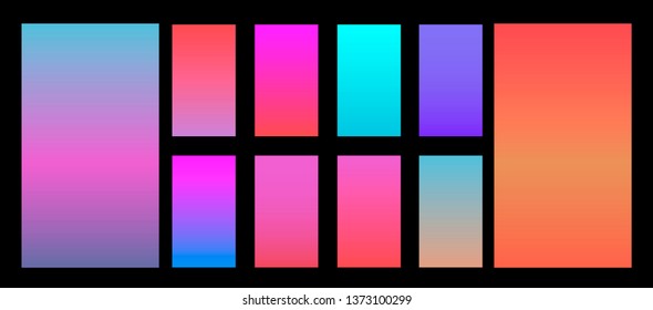 Synthwave/ vaporwave/ retrowave neon palette, gradient swatches for design. Collection of colorful backgrounds in trendy neon colors: UFO Green, Plastic Pink, and Proton Purple, Electric Blue. 