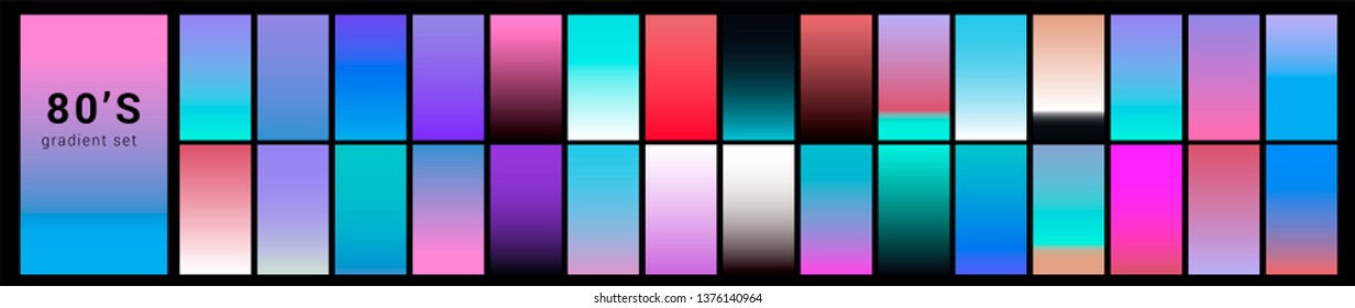 Synthwave/ vaporwave/ retrowave neon palette, big set of gradient swatches for design. Collection of colorful backgrounds in trendy neon holographic colors.