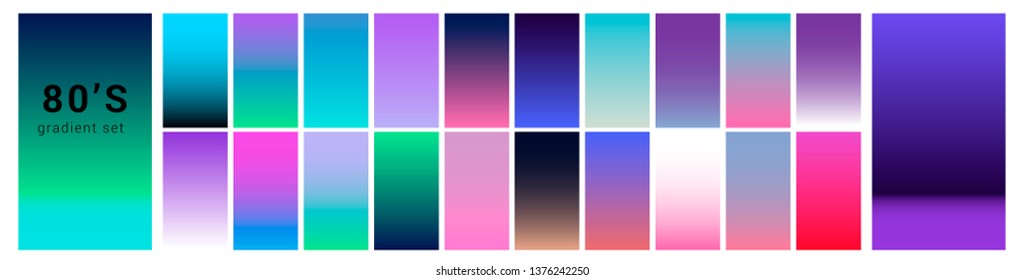 Synthwave/ vaporwave/ retrowave neon palette, big set of gradient swatches for design. Collection of colorful backgrounds in trendy neon holographic colors.