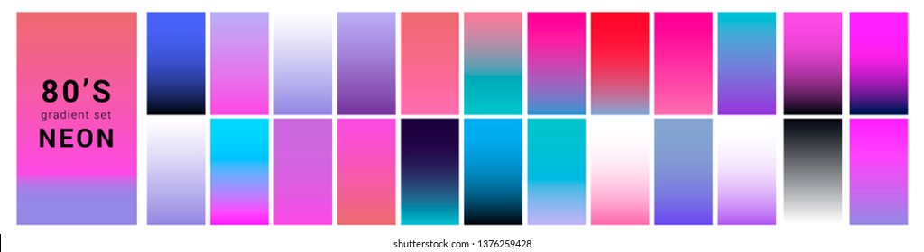 Synthwave/ vaporwave/ retrowave neon palette, big set of gradient swatches for design. Collection of colorful backgrounds in trendy neon holographic colors.
