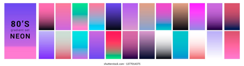 Synthwave/ vaporwave/ retrowave neon palette, big set of gradient swatches for design. Collection of colorful backgrounds in trendy neon holographic colors.