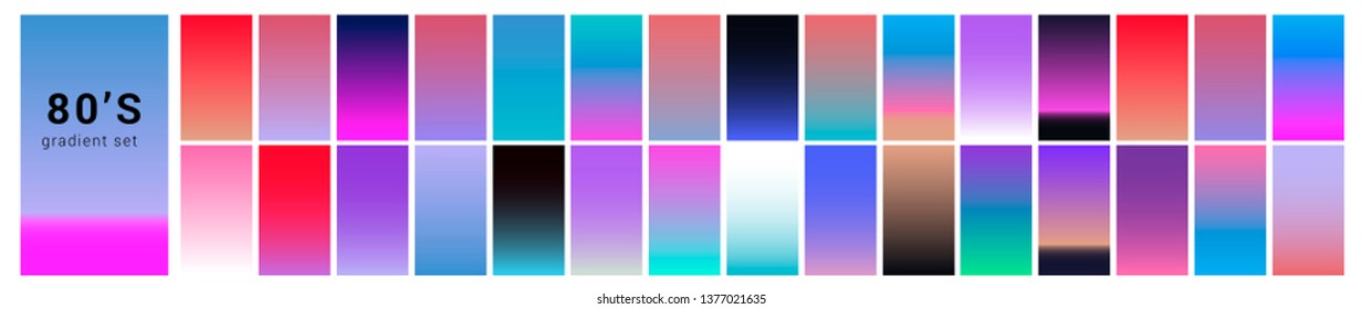 Synthwave/ vaporwave/ retrowave neon palette, big set of gradient swatches for design. Collection of colorful backgrounds in trendy neon holographic colors.