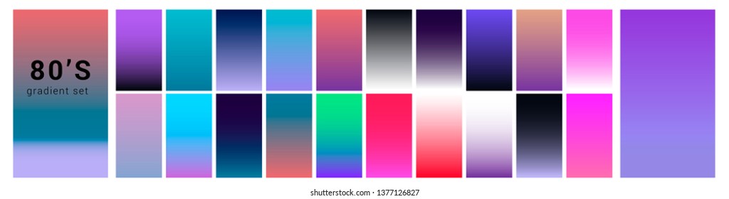 Synthwave/ vaporwave/ retrowave neon palette, big set of gradient swatches for design. Collection of colorful backgrounds in trendy neon holographic colors.