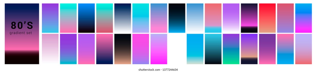 Synthwave/ vaporwave/ retrowave neon palette, big set of gradient swatches for design. Collection of colorful backgrounds in trendy neon holographic colors.