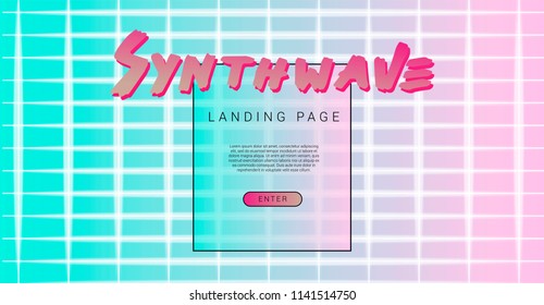 Synthwave / vaporwave style design template for landing page. Abstract futuristic illustration with laser grid on shiny holographic background.