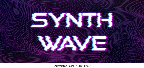 Synthwave vector design template. Trendy concept of banner, cover, poster. Glitched text on lines distortion background. Retro futurism stock illustration