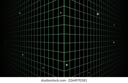 Synthwave wireframe net illustration. Abstract digital background. 80s, 90s Retro futurism, Retro wave cyber grid. Deep space surfaces. Neon lights glowing. Starry background. Vector 3D Rendering