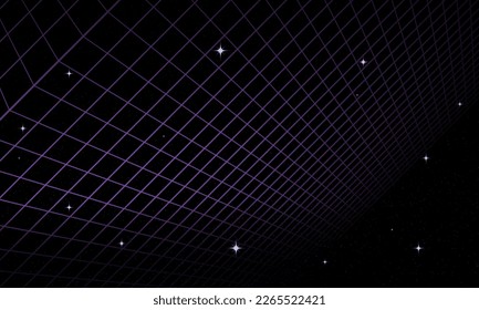 Synthwave wireframe net illustration. Abstract digital background. 80s, 90s Retro futurism, Retro wave cyber grid. Deep space surfaces. Neon lights glowing. Starry background. Vector 3D Rendering