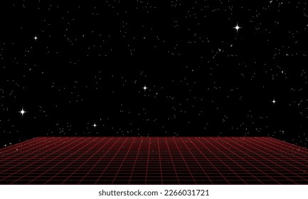 Synthwave-Wireframe-Netzgrafik. Abstrakter digitaler Hintergrund. 80er, 90er Retro Futurismus, Retro Welle Cyber-Gitter. Tiefenflächen. Neonleuchten leuchten. Starrer Hintergrund. 3D-Rendering