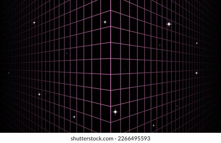 Synthwave wireframe net illustration. Abstract digital background. 80s, 90s Retro futurism, Retro wave cyber grid. Deep space surfaces. Neon lights glowing. Starry background. Vector 3D Rendering