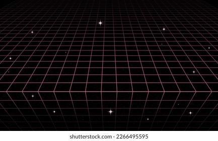 Synthwave wireframe net illustration. Abstract digital background. 80s, 90s Retro futurism, Retro wave cyber grid. Deep space surfaces. Neon lights glowing. Starry background. Vector 3D Rendering