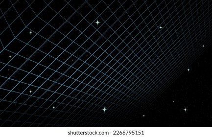 Synthwave wireframe net illustration. Abstract digital background. 80s, 90s Retro futurism, Retro wave cyber grid. Deep space surfaces. Neon lights glowing. Starry background. Vector 3D Rendering