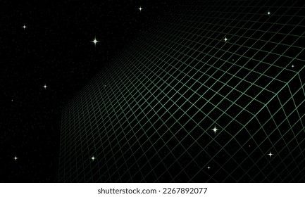 Synthwave wireframe net illustration. Abstract digital background. 80s, 90s Retro futurism, Retro wave cyber grid. Deep space surfaces. Neon lights glowing. Starry background. Vector 3D Rendering