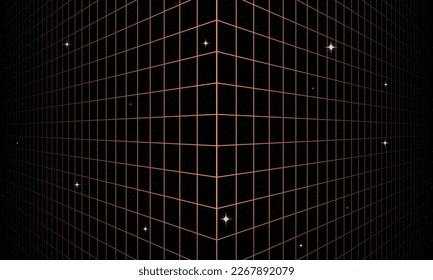 Synthwave wireframe net illustration. Abstract digital background. 80s, 90s Retro futurism, Retro wave cyber grid. Deep space surfaces. Neon lights glowing. Starry background. Vector 3D Rendering
