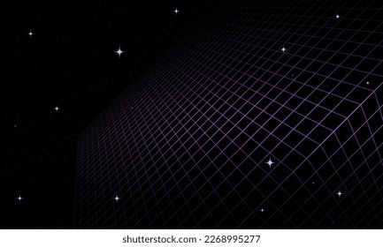 Synthwave wireframe net illustration. Abstract digital background. 80s, 90s Retro futurism, Retro wave cyber grid. Deep space surfaces. Neon lights glowing. Starry background. Vector 3D Rendering