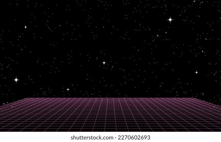Synthwave wireframe net illustration. Abstract digital background. 80s, 90s Retro futurism, Retro wave cyber grid. Deep space surfaces. Neon lights glowing. Starry background. Vector 3D Rendering