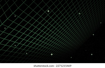 Synthwave wireframe net illustration. Abstract digital background. 80s, 90s Retro futurism, Retro wave cyber grid. Deep space surfaces. Neon lights glowing. Starry background. Vector 3D Rendering