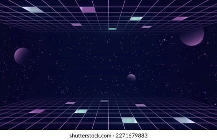 Synthwave wireframe net illustration. Abstract digital background. 80s, 90s Retro futurism, Retro wave cyber grid. Top and bottom surfaces. Neon lights glowing. Starry background. 3D Rendering