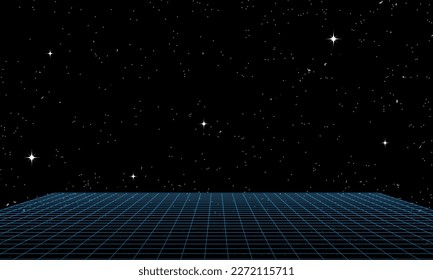 Synthwave wireframe net illustration. Abstract digital background. 80s, 90s Retro futurism, Retro wave cyber grid. Deep space surfaces. Neon lights glowing. Starry background. Vector 3D Rendering