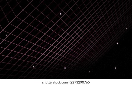 Synthwave wireframe net illustration. Abstract digital background. 80s, 90s Retro futurism, Retro wave cyber grid. Deep space surfaces. Neon lights glowing. Starry background. Vector 3D Rendering