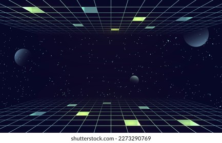 Synthwave wireframe net illustration. Abstract digital background. 80s, 90s Retro futurism, Retro wave cyber grid. Top and bottom surfaces. Neon lights glowing. Starry background. 3D Rendering