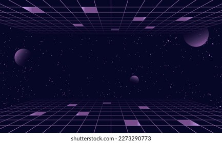 Synthwave wireframe net illustration. Abstract digital background. 80s, 90s Retro futurism, Retro wave cyber grid. Top and bottom surfaces. Neon lights glowing. Starry background. 3D Rendering