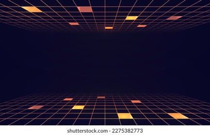 Synthwave wireframe net illustration. Abstract digital background. 80s, 90s Retro futurism, Retro wave cyber grid. Top and bottom surfaces. Neon lights glowing. Starry background. 3D Rendering