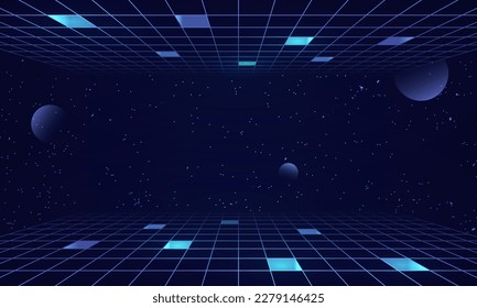 Synthwave wireframe net illustration. Abstract digital background. 80s, 90s Retro futurism, Retro wave cyber grid. Top and bottom surfaces. Neon lights glowing. Starry background. 3D Rendering