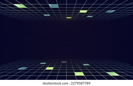 Synthwave wireframe net illustration. Abstract digital background. 80s, 90s Retro futurism, Retro wave cyber grid. Top and bottom surfaces. Neon lights glowing. Starry background. 3D Rendering