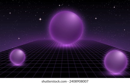 Synthwave wireframe net illustration. Abstract digital background. 80s, 90s Retro futurism, Retro wave cyber grid. Deep space surfaces. Neon lights glowing. Starry background. Vector 3D Rendering