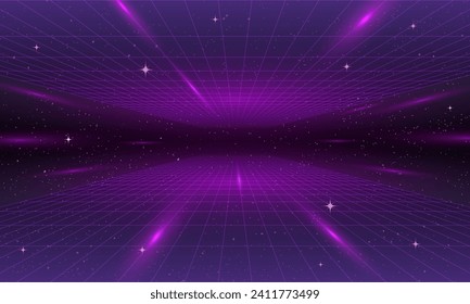 Synthwave wireframe net illustration. Abstract digital background. 80s, 90s Retro futurism, Retro wave cyber grid. Deep space surfaces. Neon lights glowing. Starry background. Vector 3D Rendering