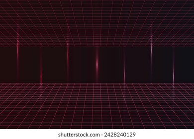 Synthwave wireframe net illustration. Abstract digital background. 80s, 90s Retro futurism, Deep space surfaces. Neon lights glowing. Starry background. Lightning sound wave