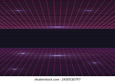 Synthwave wireframe net illustration. Abstract digital background. 80s, 90s Retro futurism, Deep space surfaces. Neon lights glowing. Starry background. Lightning sound wave
