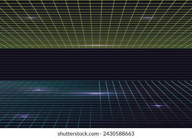 Ilustración de malla de alambre sintético. Fondo digital abstracto. 80s, 90s Futurismo retro, Superficies del espacio profundo. Luces de neón brillando. Fondo estrellado. Onda de sonido relámpago