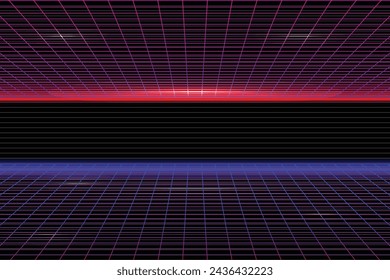 Synthwave wireframe net illustration. Abstract digital background. 80s, 90s Retro futurism, Deep space surfaces. Neon lights glowing. Starry background. Lightning sound wave