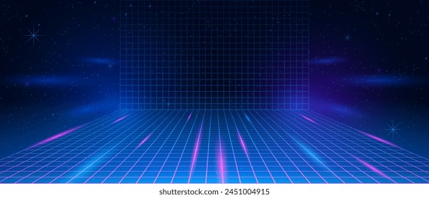 Synthwave wireframe net illustration. Abstract digital background. 80s, 90s Retro futurism, Retro wave cyber grid. Deep space surfaces. Neon lights glowing. Starry background. Vector 3D Rendering