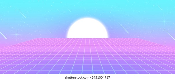 Synthwave wireframe net illustration. Abstract digital background. 80s, 90s Retro futurism, Retro wave cyber grid. Deep space surfaces. Neon lights glowing. Starry background. Vector 3D Rendering