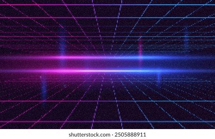 Synthwave-Drahtgitter-Netzgrafik. Abstrakter digitaler Hintergrund. 80er, 90er Jahre Retro Futurismus, Retro-Welle Cyber-Gitter. Tief liegende Flächen. Neonlichter leuchten. Starrer Hintergrund. 3D-Vektorgrafik-Rendering