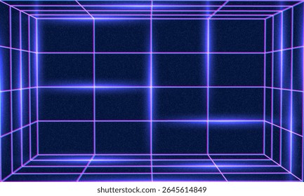 Synthwave wireframe net illustration. Abstract digital background. 80s, 90s Retro futurism, Retro wave cyber grid. Deep space surfaces. Neon lights glowing. Starry background. Vector 3D Rendering