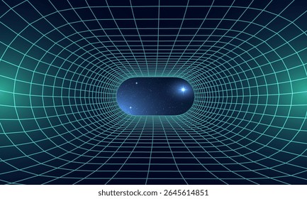 Synthwave wireframe net illustration. Abstract digital background. 80s, 90s Retro futurism, Retro wave cyber grid. Deep space surfaces. Neon lights glowing. Starry background. Vector 3D Rendering