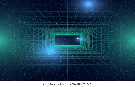 Ilustração da rede de arames Synthwave. Resumo digital. Futurismo retrô dos anos 80 e 90, grade cibernética da onda retrô. Superfícies de espaço profundo. Luzes de néon brilhando. Fundo estrelado. Renderização de Vetor 3D